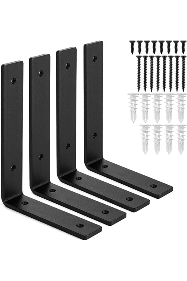 4'lü Set Siyah Metal Duvar Rafı Destek Ayakları, Güçlü Raf Tutucu Ters L Demiri Ve Vida Seti (25 CM